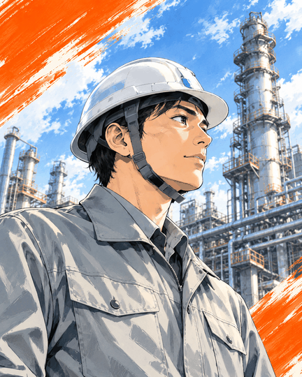 導入事例漫画のカード画像。青空と工場を見つめる若き技術者