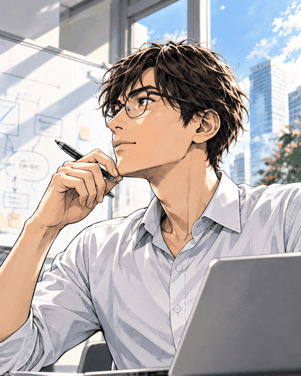 How to漫画のカード画像。窓辺で思索する若きビジネスマン
