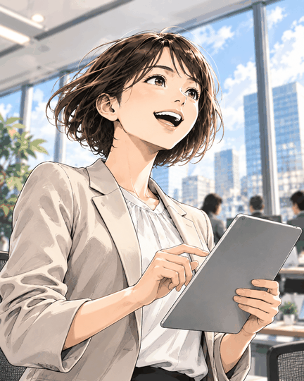 商品説明漫画のカード画像。タブレットで商品を説明する女性社員