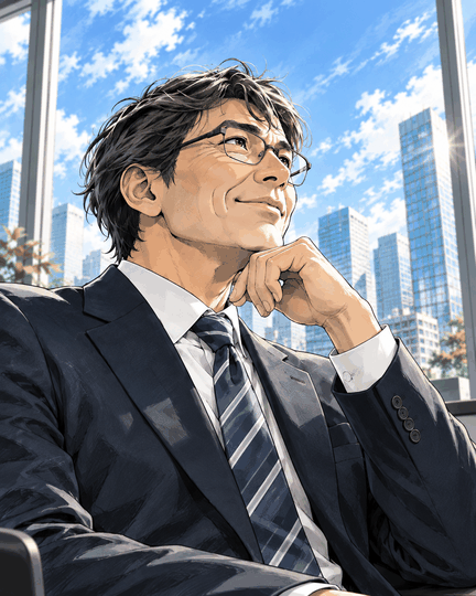 社長・プロフィール漫画のカード画像。未来を見つめる経営者