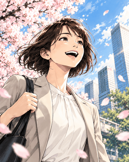 採用漫画のカード画像。桜の下で新しい門出を迎える女性社員