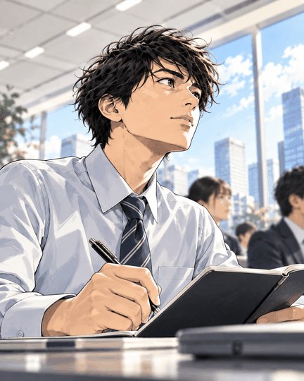 研修マニュアル漫画のカード画像。都市の研修室で学ぶ若手社員