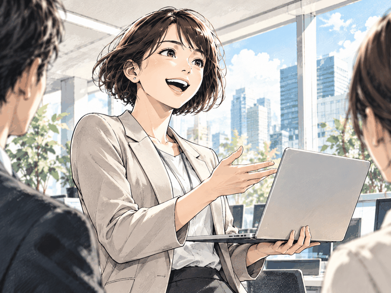 オフィスで笑顔で商品を説明する女性社員