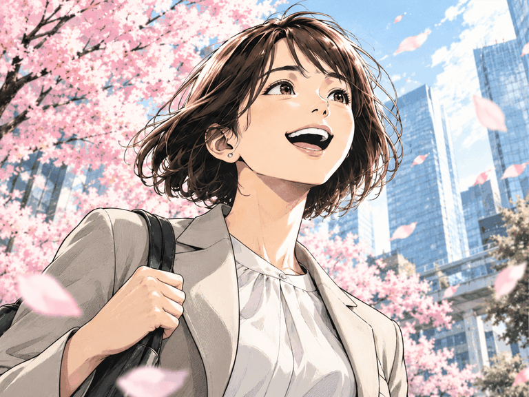 桜の下で笑顔を見せる、入社したばかりの女性社員